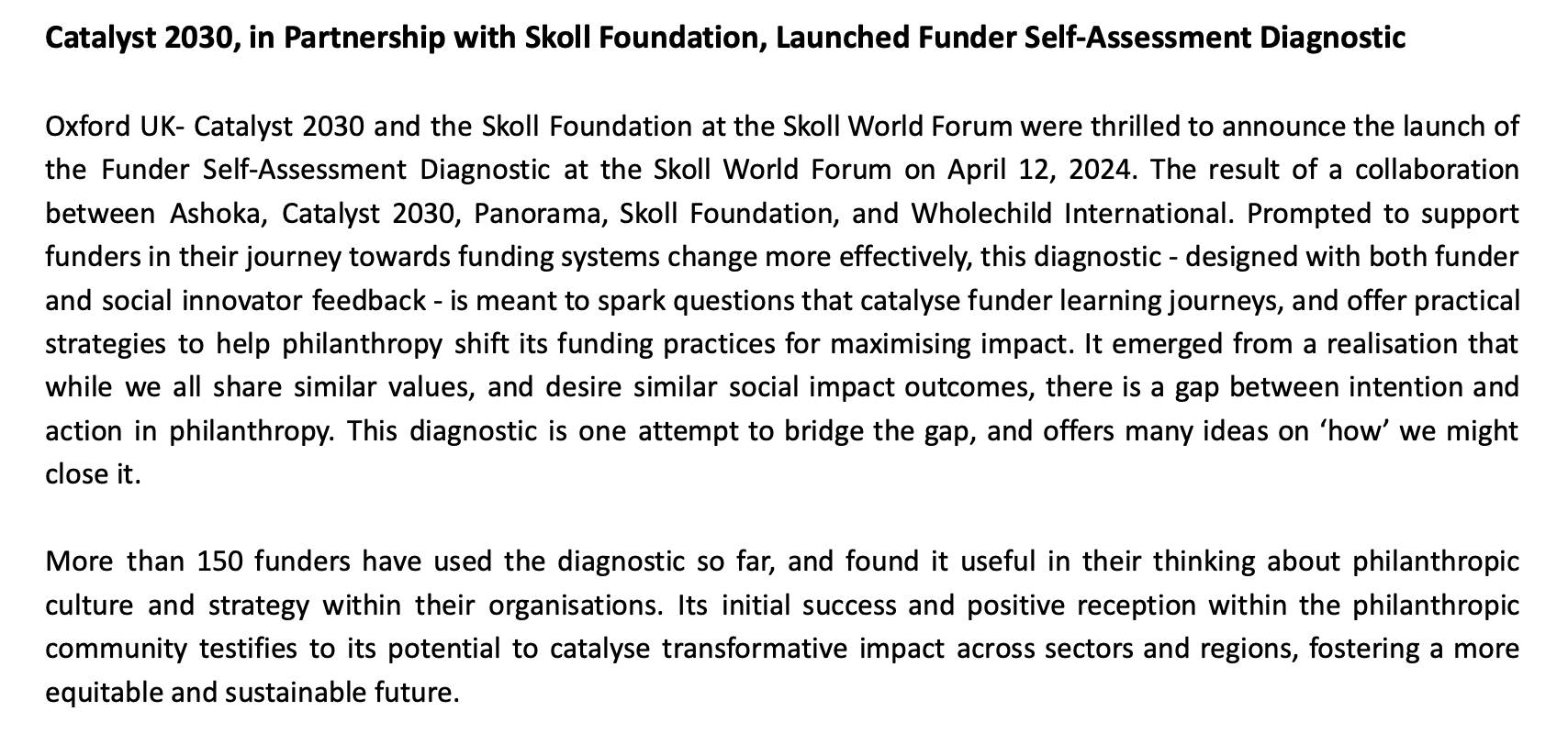 Catalyst 2030 in Partnership with Skoll Foundation Launches Funder Self-Assessment Diagnostic Tool image